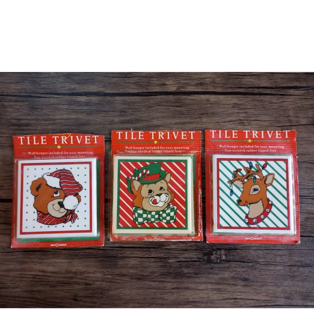 VTG Holiday Tile Trivet Christmas Reindeer Set Of 3 Please See Descripti…